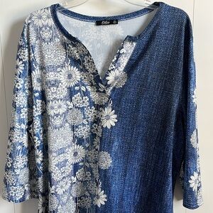 Lily tunic long sleeve blue denim floral print top size XL